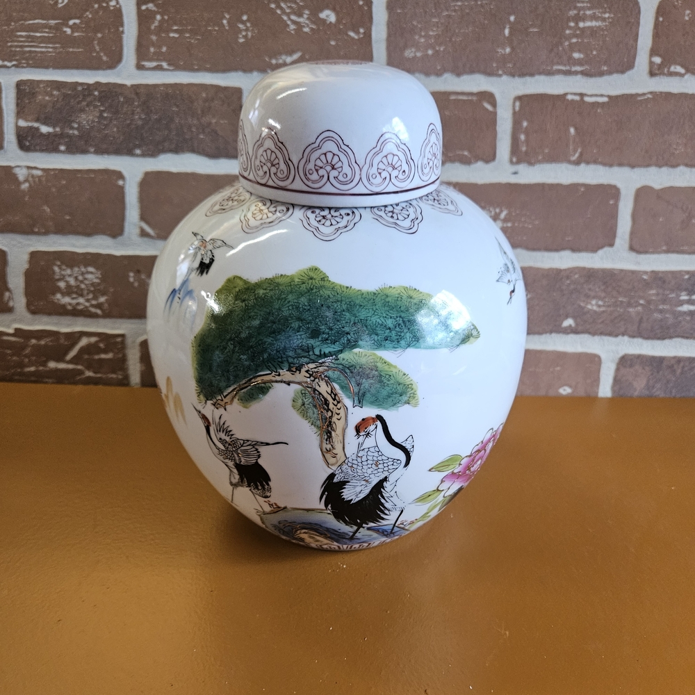 Vintage Chinese Ginger Jar  Heron under tree and Rose 10 1/2"